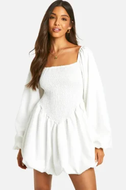 Smock Dresses*boohoo Shirred Long Sleeve Smock Dress white
