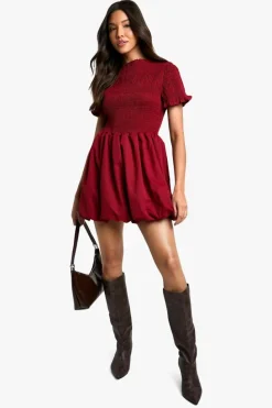 Smock Dresses*boohoo Shirred Puff Sleeve Mini Dress burgundy