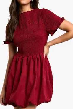 Smock Dresses*boohoo Shirred Puff Sleeve Mini Dress burgundy