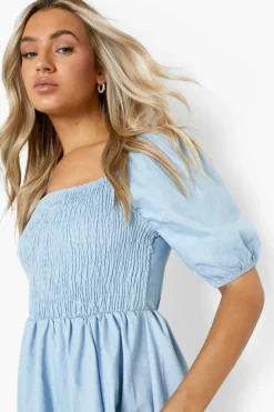 Midi Dresses*boohoo Shirred Split Hem Chambray Midi Dress light blue