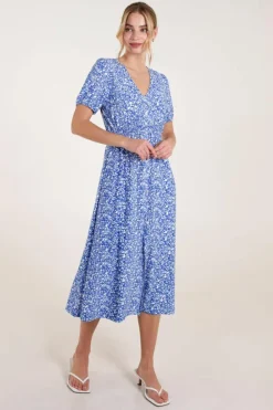 Midi Dresses*Blue Vanilla Short Sleeve Button Front Split Front Midi Dress Bright Blue