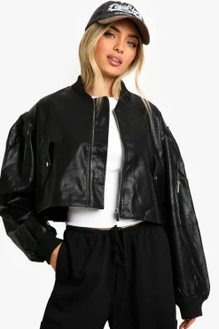 Up To 80% Off Winter Warmers|Bomber Jackets*boohoo Shoulder Detail Faux Leather Bomber Jacket black