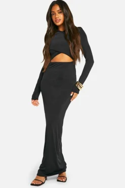Bodycon Dresses*boohoo shoulder pad cross over cut out slinky maxi dress black
