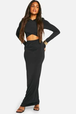 Bodycon Dresses*boohoo shoulder pad cross over cut out slinky maxi dress black