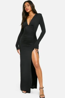 Maxi Dresses*boohoo Shoulder Pad Plunge Slinky Split Leg Maxi Dress black