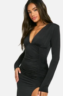 Maxi Dresses*boohoo Shoulder Pad Plunge Slinky Split Leg Maxi Dress black