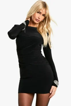 Bodycon Dresses*boohoo Shoulder Pad Ruched Drape Slinky Mini Dress black