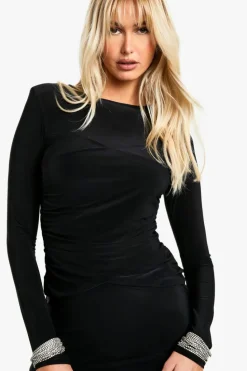 Bodycon Dresses*boohoo Shoulder Pad Ruched Drape Slinky Mini Dress black