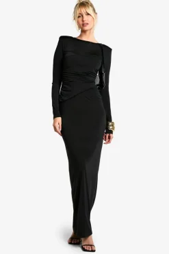 Maxi Dresses*boohoo Shoulder Pad Ruched Drape Slinky Maxi Dress black
