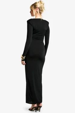 Maxi Dresses*boohoo Shoulder Pad Ruched Drape Slinky Maxi Dress black