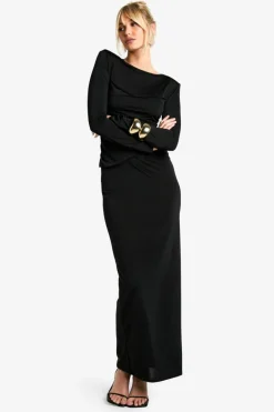 Maxi Dresses*boohoo Shoulder Pad Ruched Drape Slinky Maxi Dress black