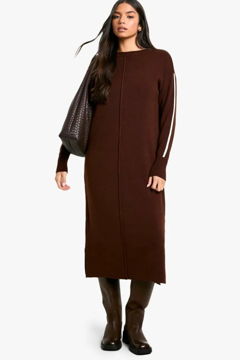 Jumper Dresses|Jumper Dresses*boohoo Side Stripe Knitted Dress chocolate