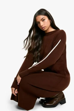 Jumper Dresses|Jumper Dresses*boohoo Side Stripe Knitted Dress chocolate