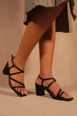 Sandals*Where's That From Sidra' Wide Fit Mid High Block Heel Sandals With Cross Over Strap Black