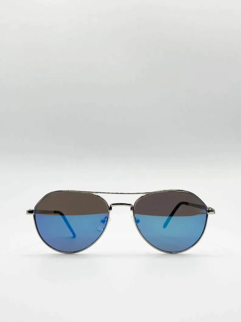 Sunglasses*SVNX Aviator Sunglasses With Blue Mirrored Lenses Silver