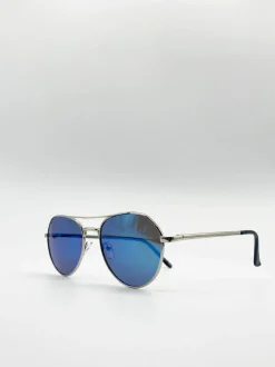 Sunglasses*SVNX Aviator Sunglasses With Blue Mirrored Lenses Silver