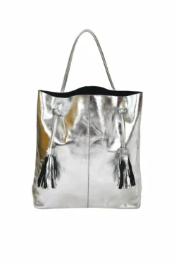 Shoulder Bags*Sostter Silver Drawcord Metallic Leather Hobo Shoulder Bag Metallic Silver