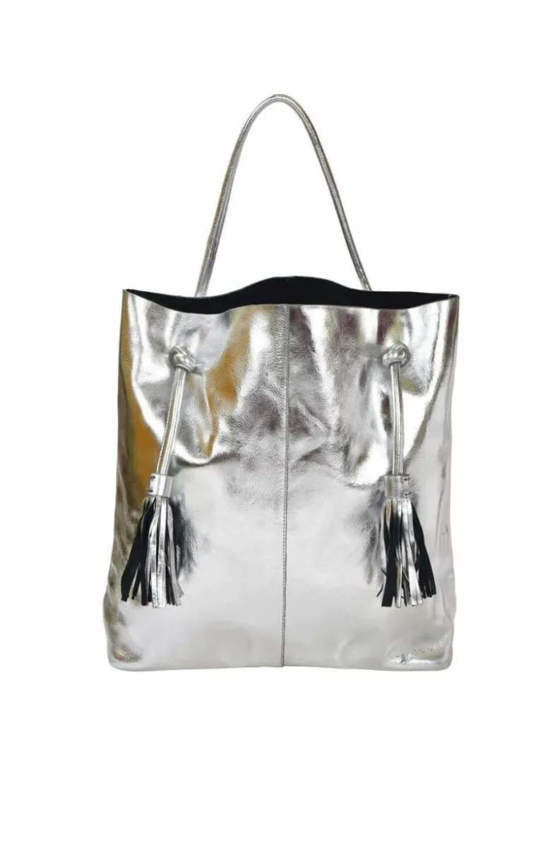 Shoulder Bags*Sostter Silver Drawcord Metallic Leather Hobo Shoulder Bag Metallic Silver