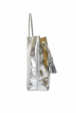 Shoulder Bags*Sostter Silver Drawcord Metallic Leather Hobo Shoulder Bag Metallic Silver