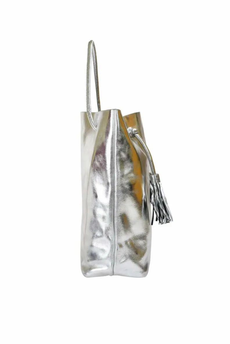 Shoulder Bags*Sostter Silver Drawcord Metallic Leather Hobo Shoulder Bag Metallic Silver