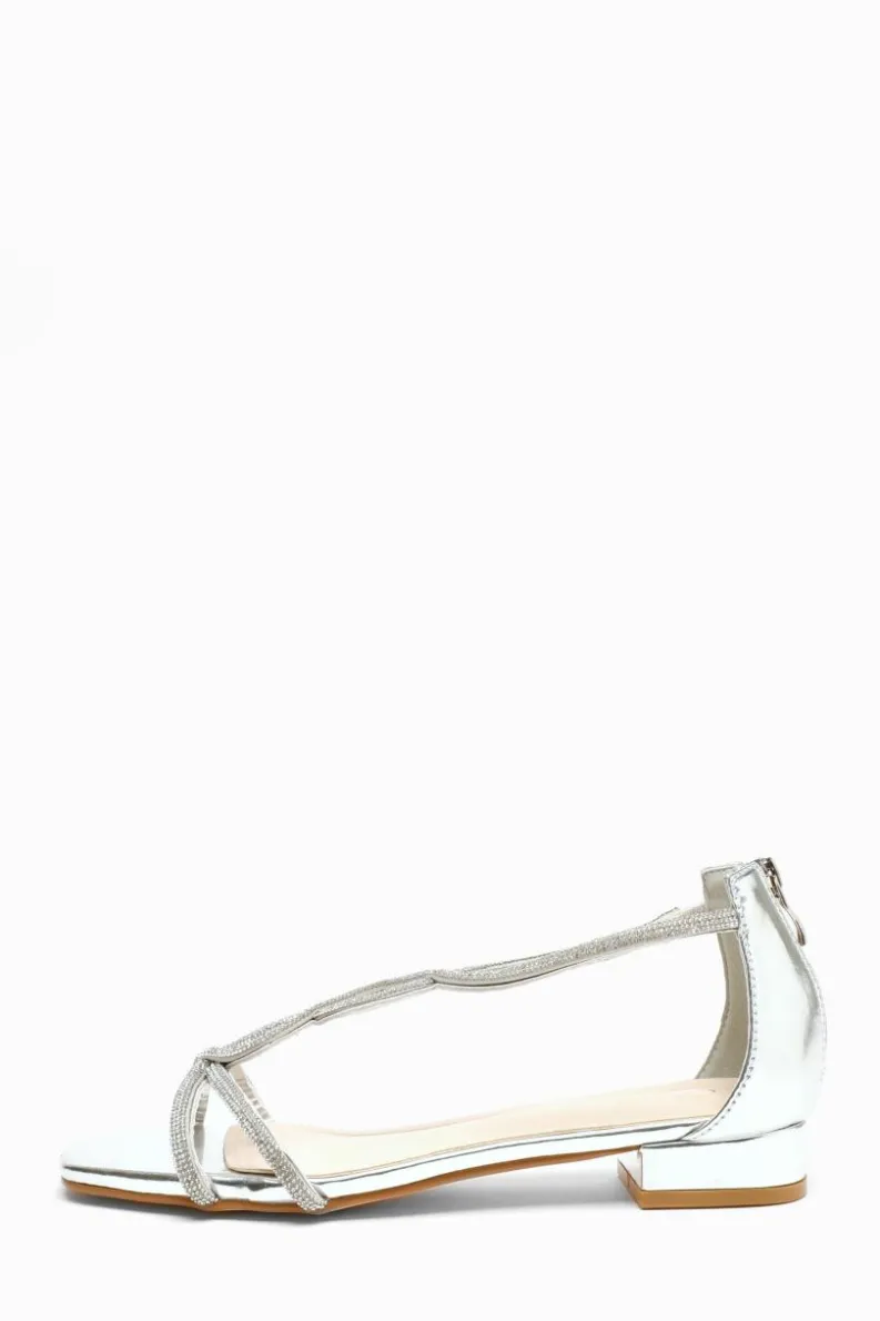 Sandals*Quiz Foil Diamante T-Strap Flat Sandals Silver