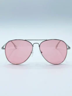 Sunglasses*SVNX Frame Aviators with Pink Lenses Silver