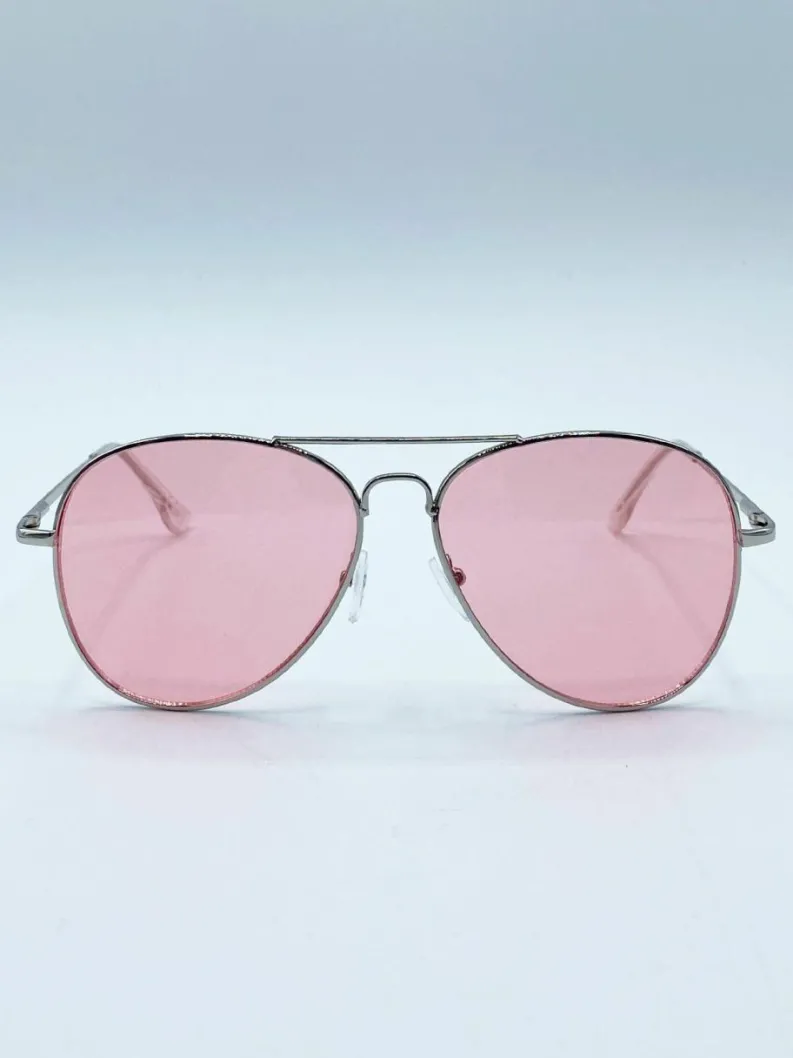 Sunglasses*SVNX Frame Aviators with Pink Lenses Silver