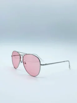 Sunglasses*SVNX Frame Aviators with Pink Lenses Silver