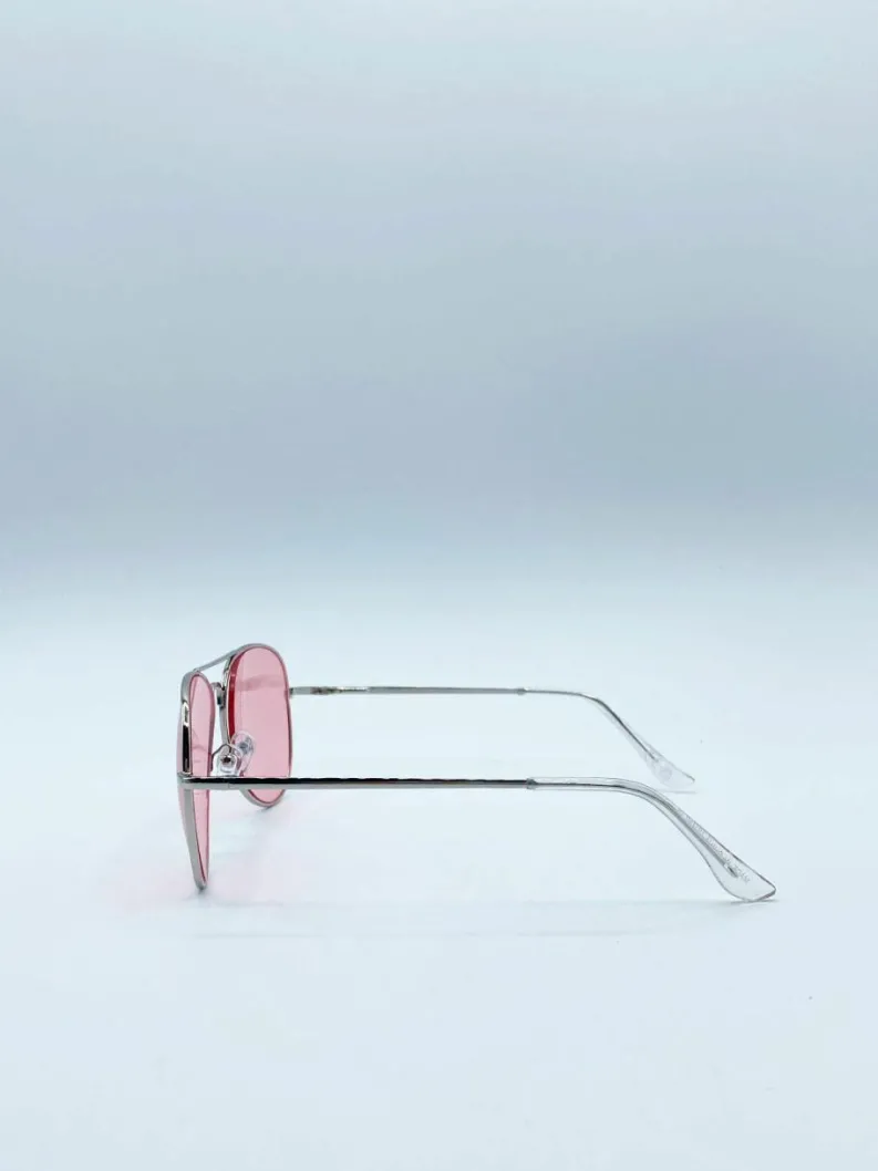 Sunglasses*SVNX Frame Aviators with Pink Lenses Silver