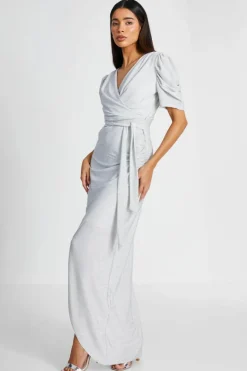 Wrap Dresses*Quiz Glitter Wrap Maxi Dress Silver