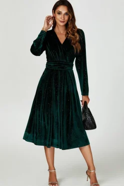 Wrap Dresses|Midi Dresses*FS Collection Silver Sparkly Velvet Wrap Top Midi Dress In Green