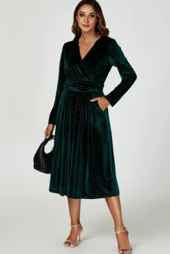 Wrap Dresses|Midi Dresses*FS Collection Silver Sparkly Velvet Wrap Top Midi Dress In Green