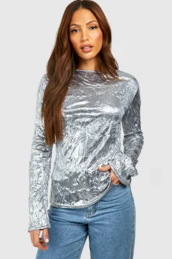 Long Sleeve Tops*boohoo Tall Crushed Metallic Flared Longsleeve Top silver