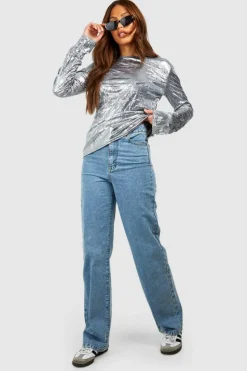 Long Sleeve Tops*boohoo Tall Crushed Metallic Flared Longsleeve Top silver