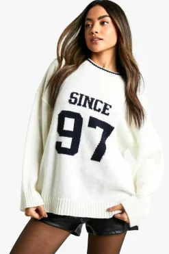 Jumpers|Knitwear*boohoo Since 97 Knitted Varsity Crew Neck Jumper ecru
