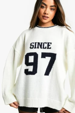 Jumpers|Knitwear*boohoo Since 97 Knitted Varsity Crew Neck Jumper ecru