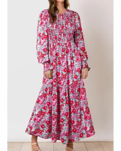 Smock Dresses*Azura Exchange Sky Floral Print Smocked Lantern Sleeve Tiered Maxi Dress Blue