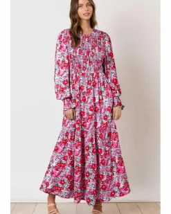 Smock Dresses*Azura Exchange Sky Floral Print Smocked Lantern Sleeve Tiered Maxi Dress Blue