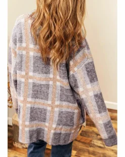 Cardigans*Azura Exchange Sky Fuzzy Plaid Collared Button Up Cardigan Blue