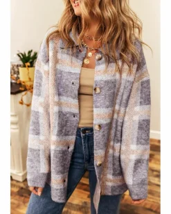 Cardigans*Azura Exchange Sky Fuzzy Plaid Collared Button Up Cardigan Blue