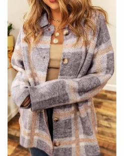 Cardigans*Azura Exchange Sky Fuzzy Plaid Collared Button Up Cardigan Blue