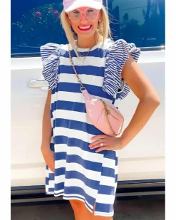T-Shirt Dresses|Shirt Dresses*Azura Exchange Sky Blue Stripe Contrast Ruffled Sleeve T-shirt Dress Multi
