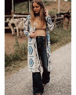 Cardigans*Azura Exchange Sky Western Aztec Printed Open Front Long Cardigan Blue