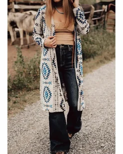 Cardigans*Azura Exchange Sky Western Aztec Printed Open Front Long Cardigan Blue