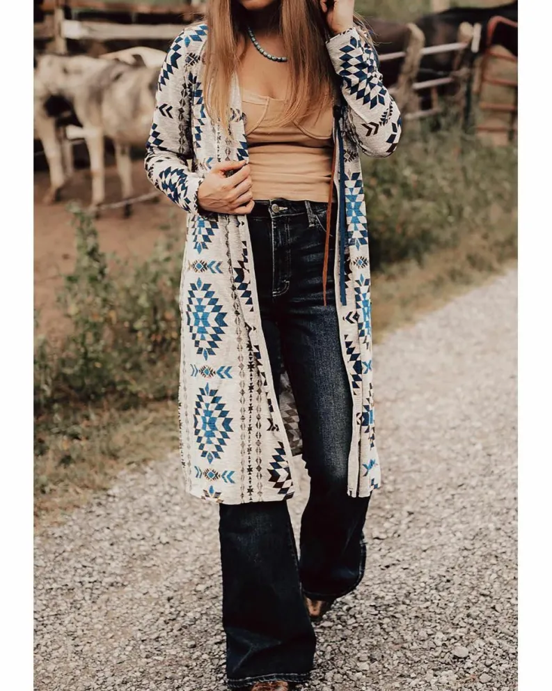 Cardigans*Azura Exchange Sky Western Aztec Printed Open Front Long Cardigan Blue