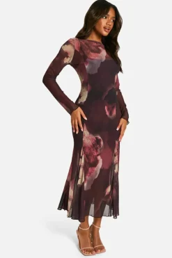 Skater Dresses|Long Sleeve Dresses*boohoo Slash Neck Floral Mesh Print Godet Hem Midaxi Dress plum