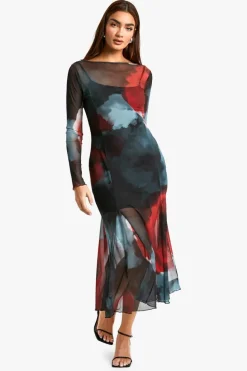 Skater Dresses|Long Sleeve Dresses*boohoo Slash Neck Floral Mesh Print Godet Hem Midaxi Dress grey
