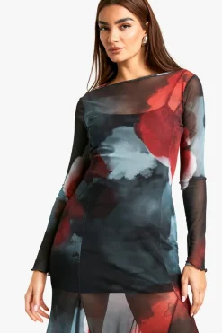Skater Dresses|Long Sleeve Dresses*boohoo Slash Neck Floral Mesh Print Godet Hem Midaxi Dress grey