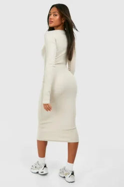 Midi Dresses*boohoo Slash Neck Long Sleeve Rib Midi Dress stone
