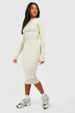 Midi Dresses*boohoo Slash Neck Long Sleeve Rib Midi Dress stone